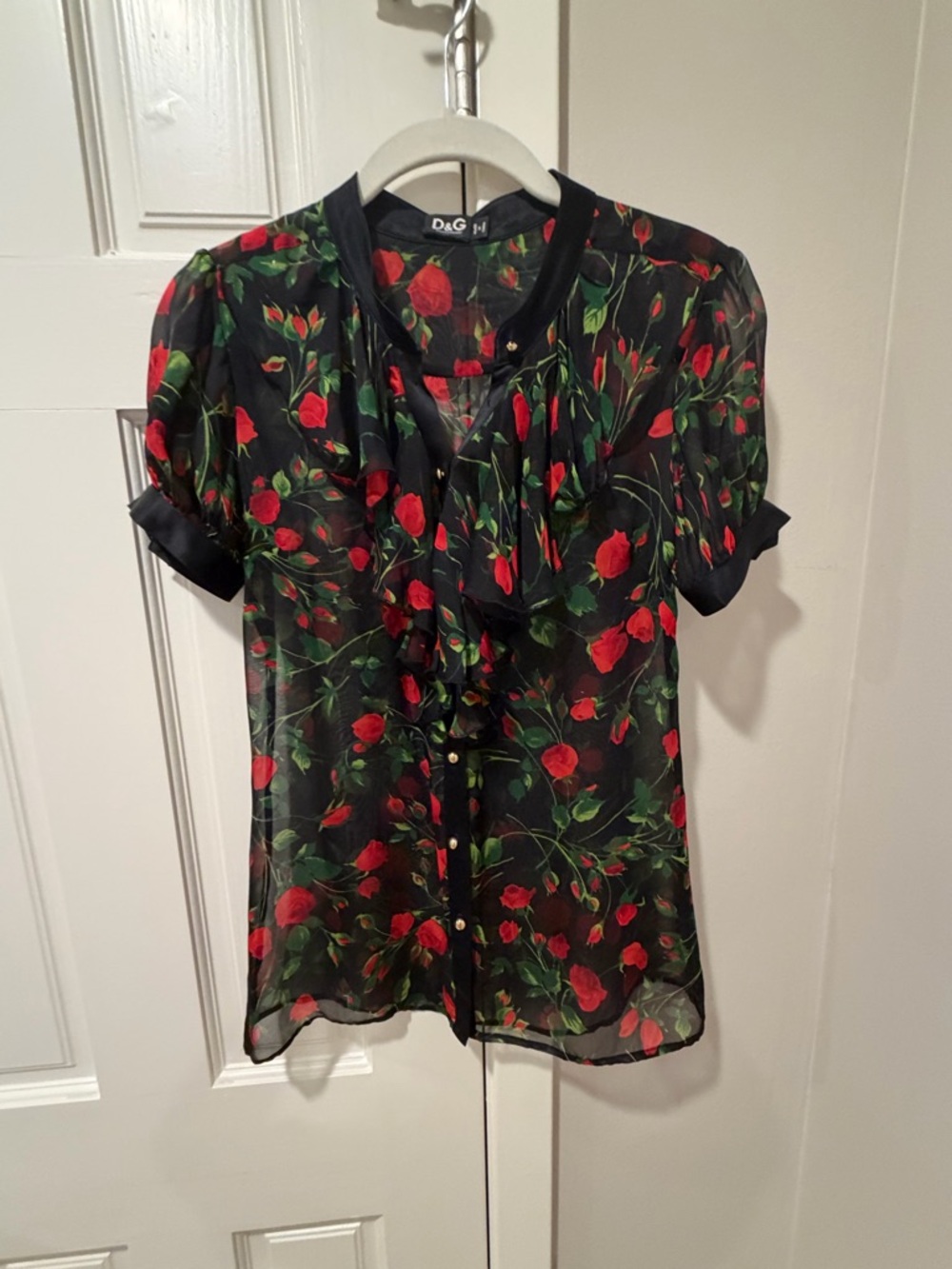 Vintage 2000’s D&G Black Sheer Blouse with Red Rose Print